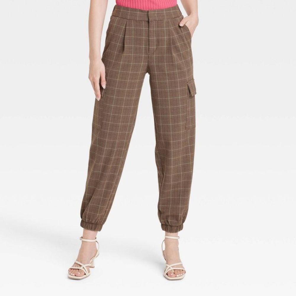 Women's High-Rise Ankle Jogger Pants - A New Day Brown Plaid 12